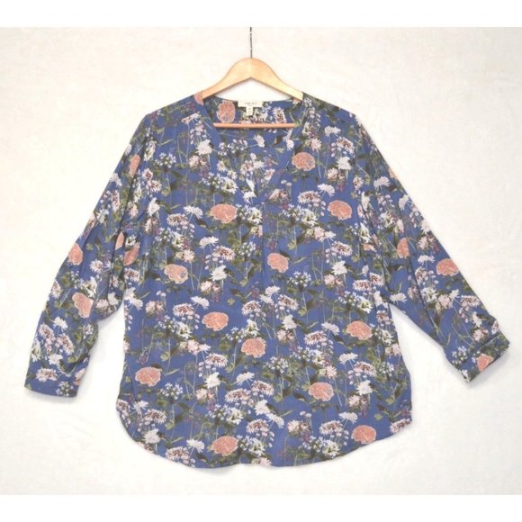 size 1x blouse/top Como‎ Blu roll tab sleeves floral lightweight v-neck - Picture 1 of 11